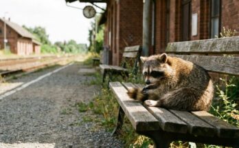 Poetry Slam über Selbstliebe: ein Waschbär putzt sich in der Sonne auf einer Bahnsteigbank