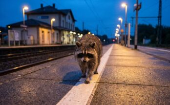 Selbstsicher auftreten: Waschbär läuft ruhig auf der weißen Linie eines Bahnsteigs zur blauen Stunde