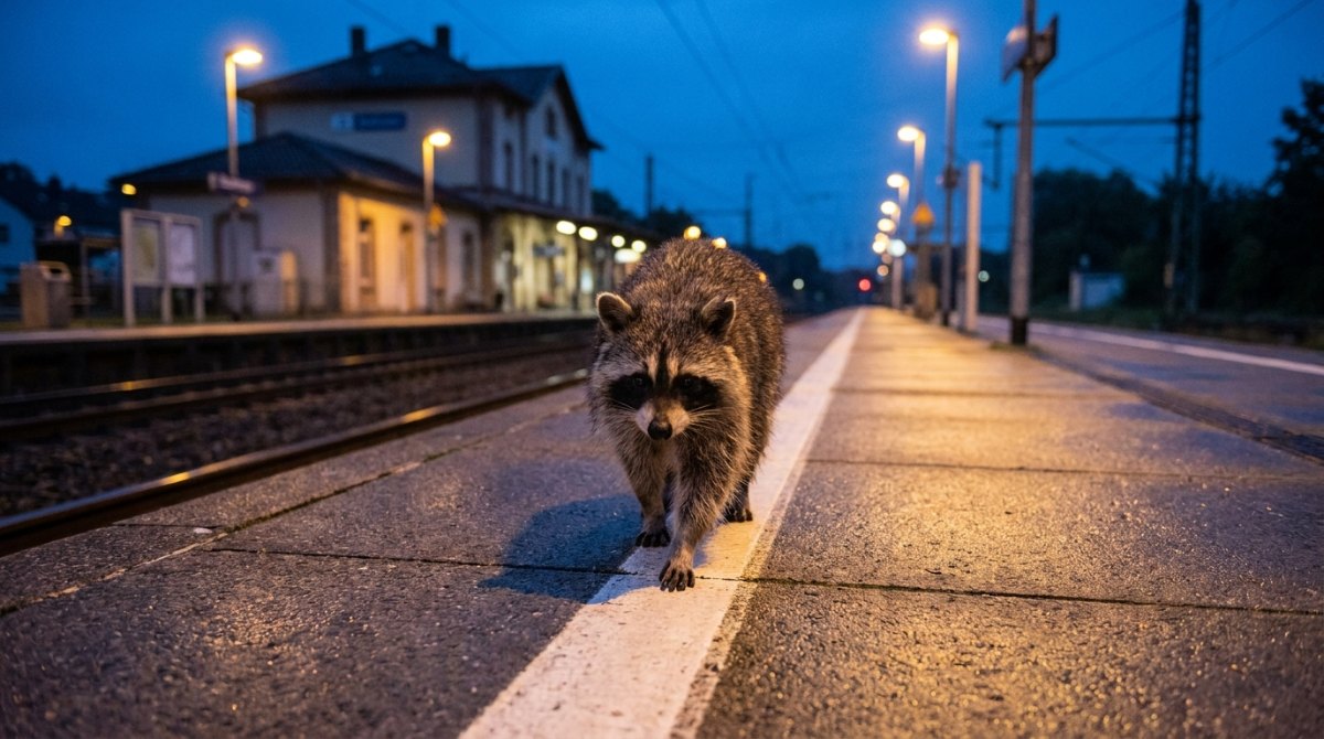 Selbstsicher auftreten: Waschbär läuft ruhig auf der weißen Linie eines Bahnsteigs zur blauen Stunde