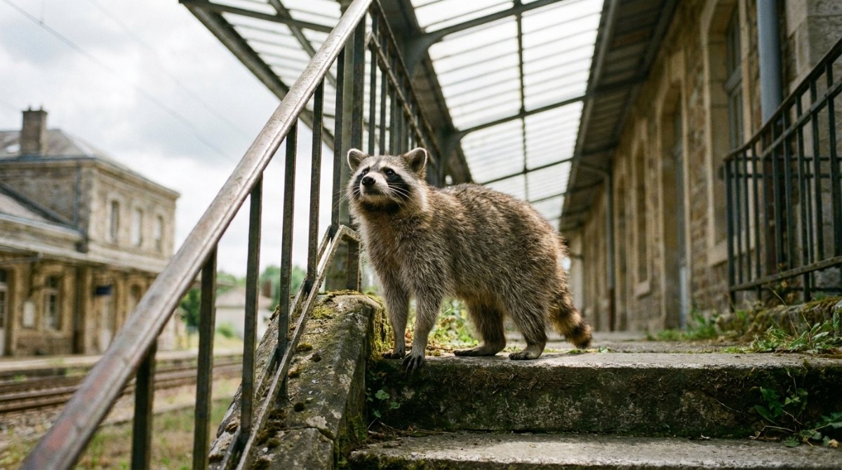 Selbstsicher auftreten: Waschbär auf der obersten Stufe einer alten Bahnsteigtreppe