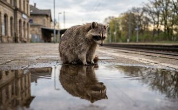 Selbstwert: Waschbär betrachtet sein Spiegelbild in einer Pfütze am leeren Bahnsteig