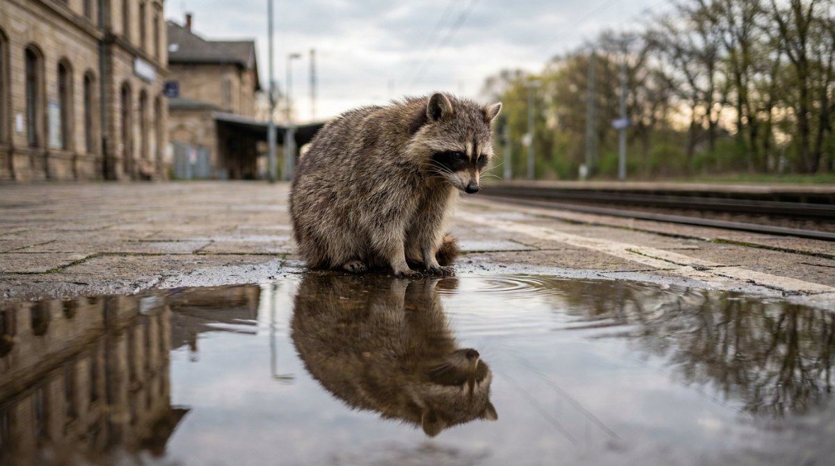 Selbstwert: Waschbär betrachtet sein Spiegelbild in einer Pfütze am leeren Bahnsteig