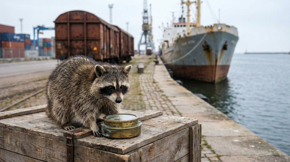 Selbstwert und innerer Kompass: Waschbär mit Schiffskompass an der Hafenbahn