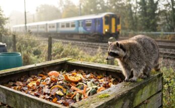 Waschbär auf einem Komposthaufen im Kleingarten am Bahndamm – Selbstzweifel als Rohstoff für Texte