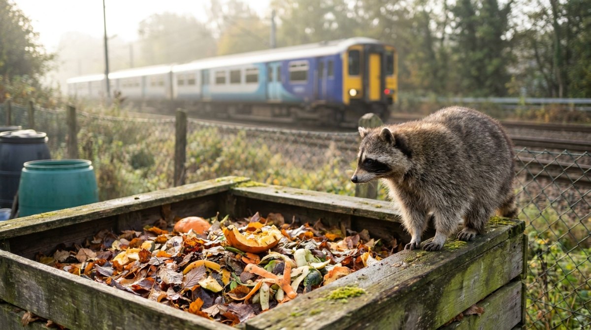 Waschbär auf einem Komposthaufen im Kleingarten am Bahndamm – Selbstzweifel als Rohstoff für Texte