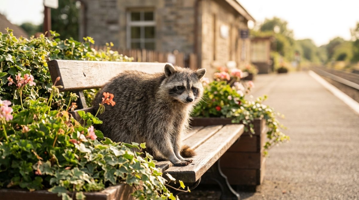 Poetry Slam für Senioren: ein Waschbär sitzt zwischen Blumenkästen auf einer Bank an einem kleinen Landbahnhof