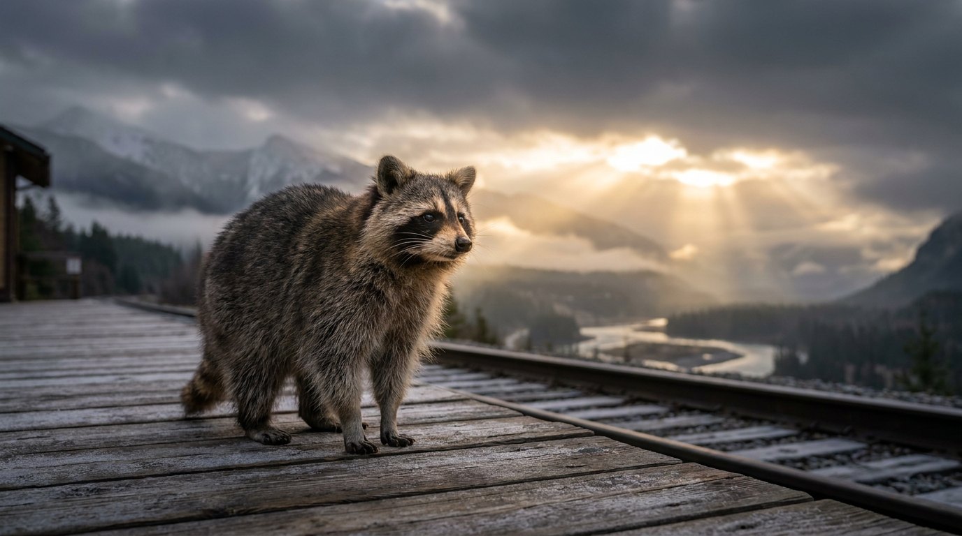 Ein einzelner Waschbär steht auf einem Bahnsteig, während Sonnenstrahlen durch die Wolken über kanadischen Bergen brechen.