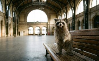 Sich ausdrücken lernen: Waschbär steht auf einer Bank in einer leeren Bahnhofshalle und ruft