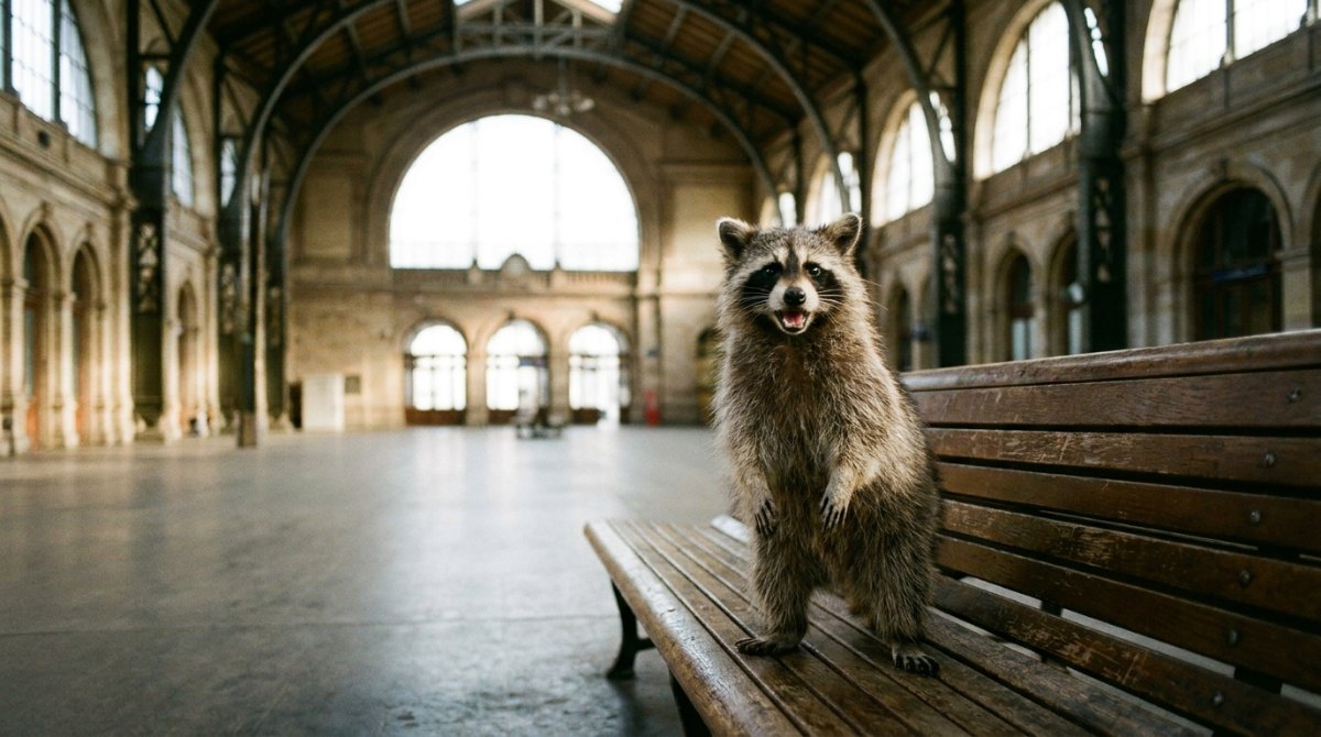 Sich ausdrücken lernen: Waschbär steht auf einer Bank in einer leeren Bahnhofshalle und ruft