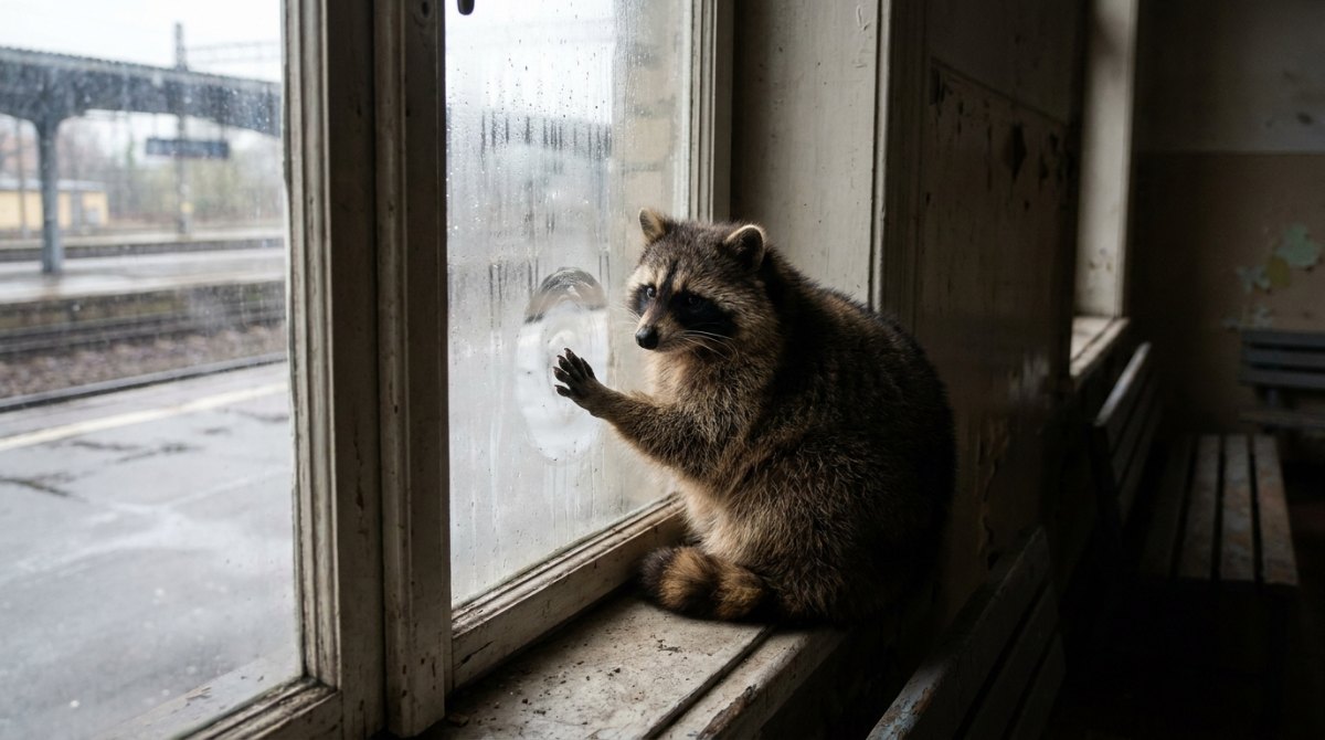 Sich ausdrücken lernen: Waschbär wischt im Wartesaal ein Guckloch in die beschlagene Scheibe