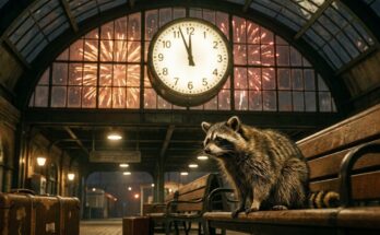 Poetry Slam zu Silvester: ein Waschbär sitzt unter einer großen Bahnhofsuhr kurz vor Mitternacht