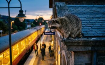 Poetry Slam über den Sinn des Lebens: ein Waschbär sitzt in der Dämmerung auf dem Dach eines Bahnhofs und schaut auf einen beleuchteten Zug