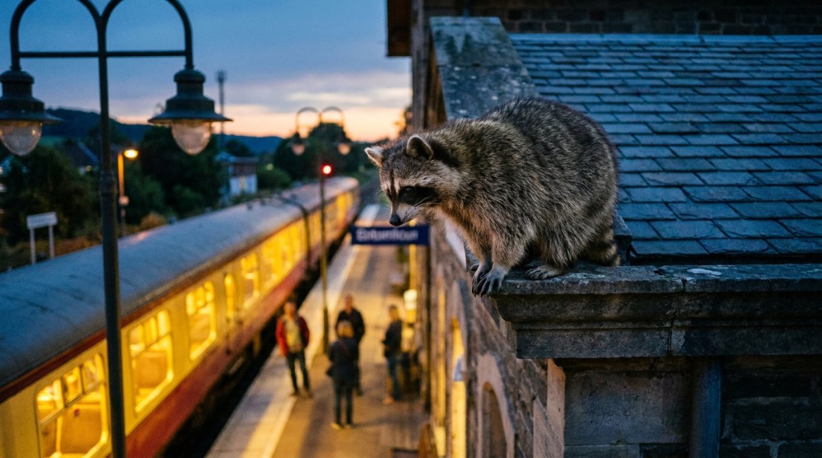 Waschb&auml;r schaut nachdenklich auf eine Gleisverzweigung ohne Schild