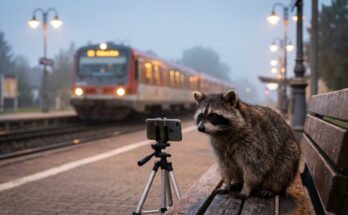 Slam auf Social Media: Waschbär auf der Bahnsteigbank neben einem Smartphone auf dem Stativ, dahinter die Regionalbahn