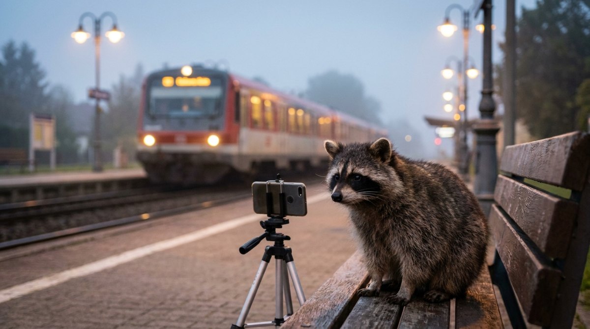 Slam auf Social Media: Waschbär auf der Bahnsteigbank neben einem Smartphone auf dem Stativ, dahinter die Regionalbahn