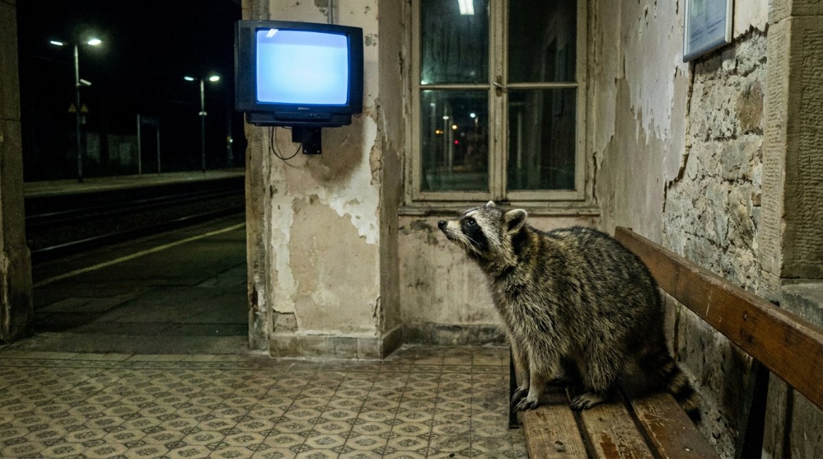 Slam auf Social Media als Wiederholung: Waschbär im nächtlichen Wartesaal schaut auf einen alten Fernseher mit leerem blauem Bild