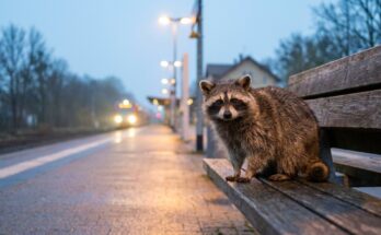 Waschbär auf einer Bahnsteigbank im Morgengrauen, ein früher Zug nähert sich – Slam neben Job