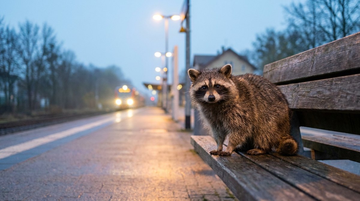 Waschbär auf einer Bahnsteigbank im Morgengrauen, ein früher Zug nähert sich – Slam neben Job