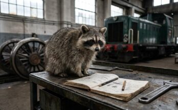 Slam Poetry lernen: Waschbär mit Notizheft auf der Werkbank im Bahnbetriebswerk