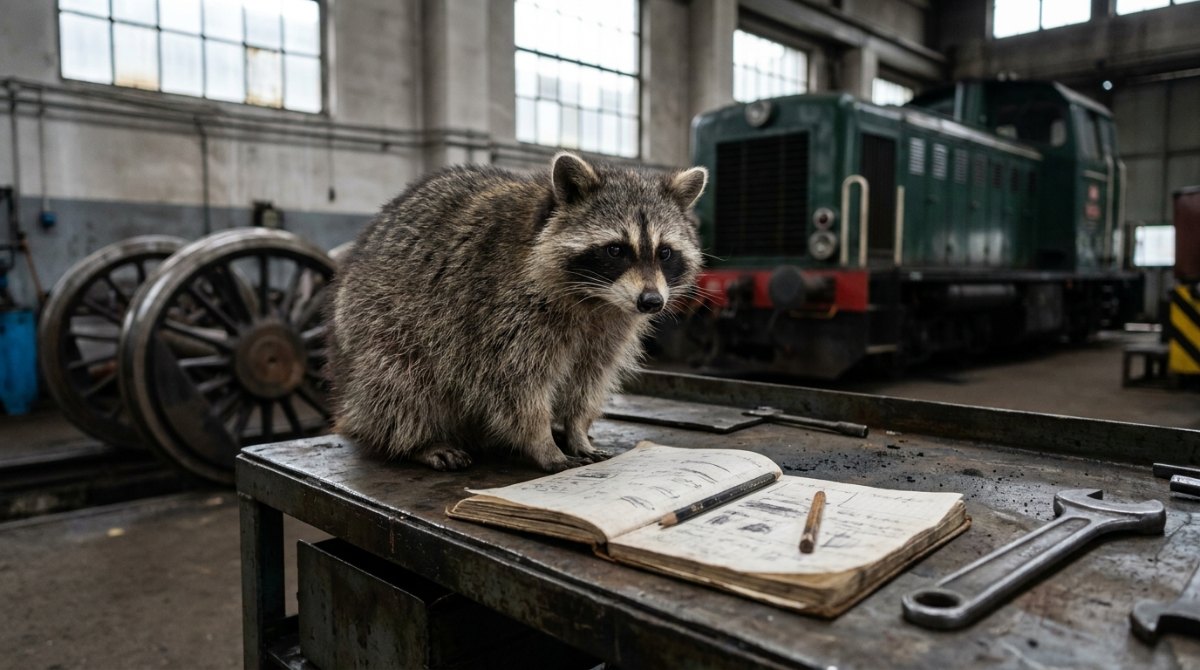Slam Poetry lernen: Waschbär mit Notizheft auf der Werkbank im Bahnbetriebswerk