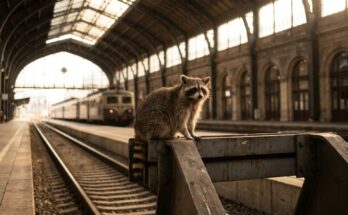 Waschbär sitzt auf dem Prellbock am Gleisende eines Kopfbahnhofs – Slam Text beenden wie ein Zug, der sauber zum Stehen kommt