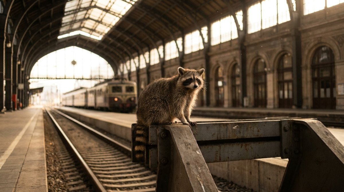 Waschbär sitzt auf dem Prellbock am Gleisende eines Kopfbahnhofs – Slam Text beenden wie ein Zug, der sauber zum Stehen kommt