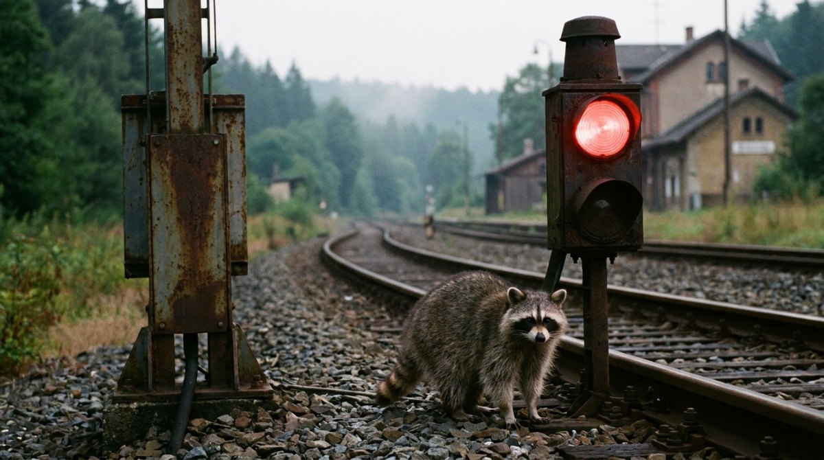 Waschbär im Schotter neben einem rot leuchtenden Signal an einer Nebenbahn – den Slam Text beenden heißt rechtzeitig bremsen