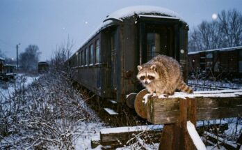 Waschbär auf einem verschneiten Puffer vor einem ausgemusterten Reisezugwagen auf dem Abstellgleis – Slam Trends, die ausgedient haben
