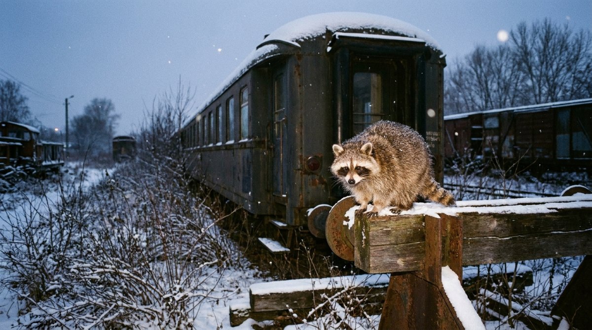 Waschbär auf einem verschneiten Puffer vor einem ausgemusterten Reisezugwagen auf dem Abstellgleis – Slam Trends, die ausgedient haben