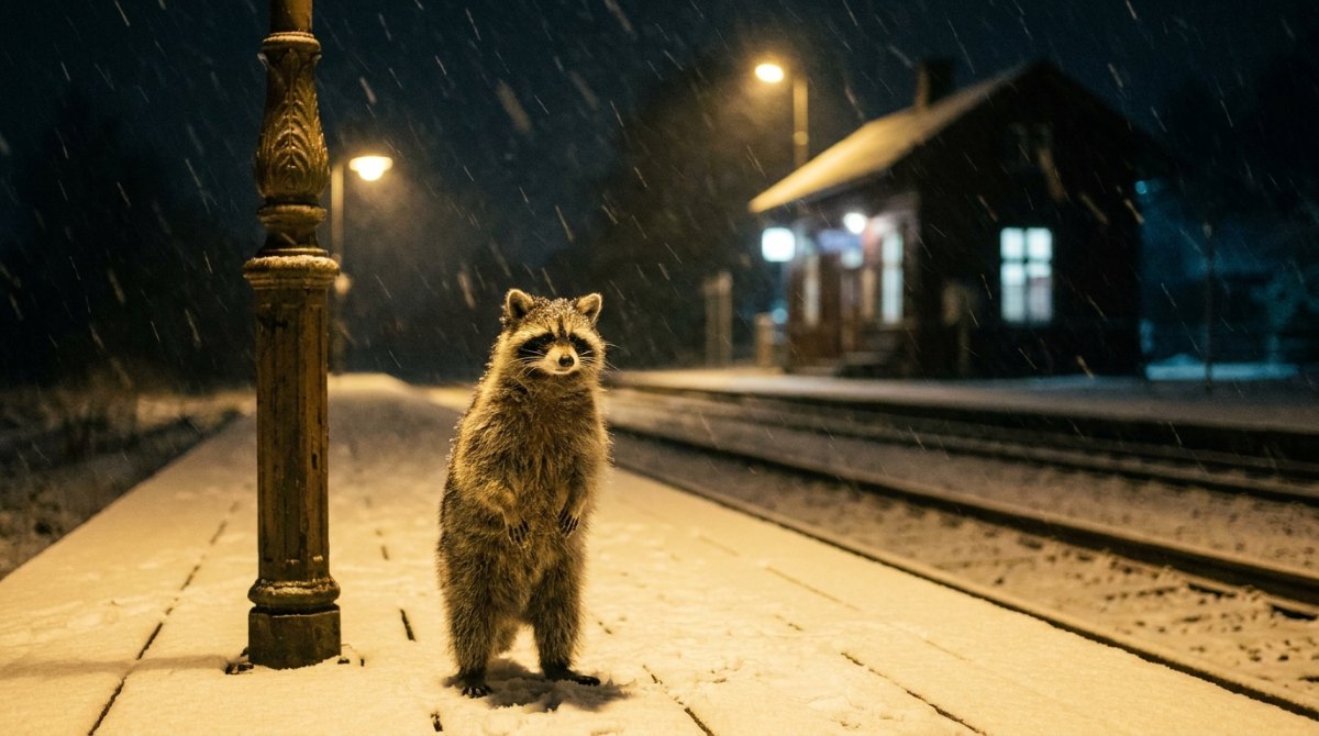 Waschbär steht nachts im Schneefall auf einem kleinen Bahnsteig unter einer Laterne – Slam Trends vor dem Fahrplanwechsel