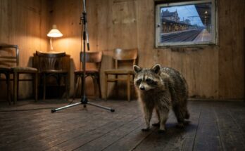 Waschbär in einem kleinen holzvertäfelten Raum mit Stuhlkreis und Mikrofon am Bahnhof – einen Slam veranstalten im kleinen Raum