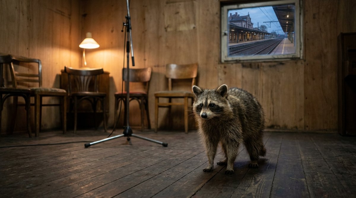 Waschbär in einem kleinen holzvertäfelten Raum mit Stuhlkreis und Mikrofon am Bahnhof – einen Slam veranstalten im kleinen Raum