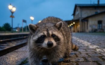 Waschbär ganz nah vor der Kamera auf einem Bahnsteig zur blauen Stunde – Slam-Video aufnehmen mit wenig Abstand