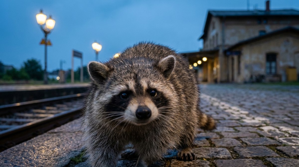Waschbär ganz nah vor der Kamera auf einem Bahnsteig zur blauen Stunde – Slam-Video aufnehmen mit wenig Abstand
