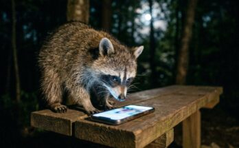 Poetry Slam über Social Media: ein Waschbär schaut nachts auf ein leuchtendes Handy auf einer Bank