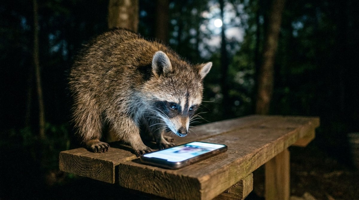 Poetry Slam über Social Media: ein Waschbär schaut nachts auf ein leuchtendes Handy auf einer Bank