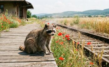 Poetry Slam über den Sommer: ein Waschbär sitzt auf einem Holzbahnsteig zwischen Mohnblumen und Kornfeldern