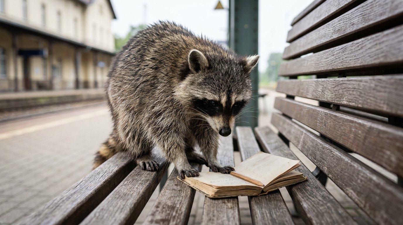Ein Waschbär sitzt auf einer Bahnsteigbank und schaut konzentriert in ein kleines Notizheft