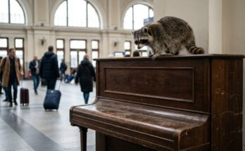 Souverän sprechen: Waschbär sitzt auf einem alten Klavier in einer Bahnhofshalle