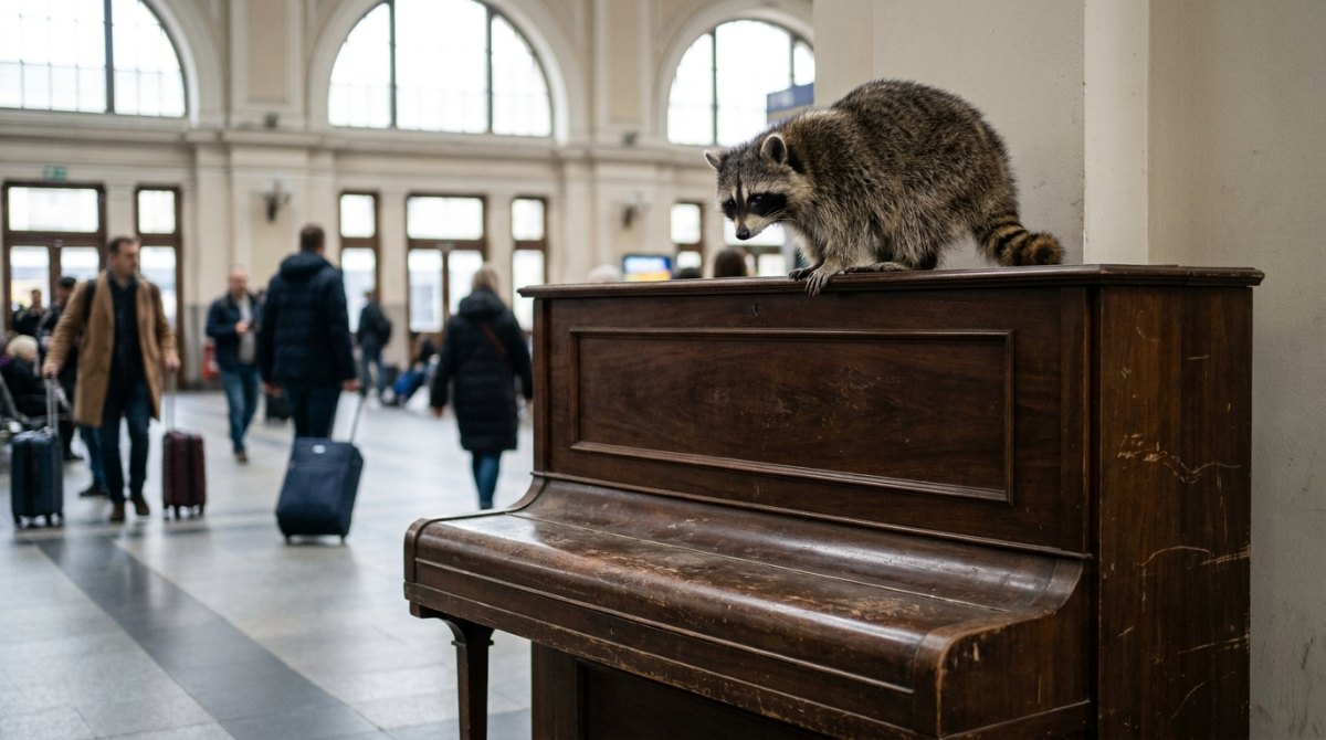 Souverän sprechen: Waschbär sitzt auf einem alten Klavier in einer Bahnhofshalle