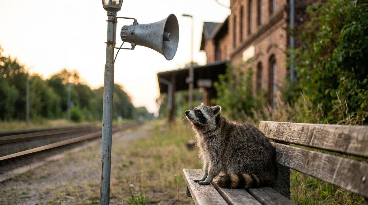 Souverän sprechen: Waschbär auf einer Bank unter einem alten Bahnsteiglautsprecher