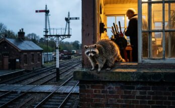 Waschbär auf dem Fenstersims eines alten Stellwerks in der Dämmerung – Späteinsteiger auf der Bühne