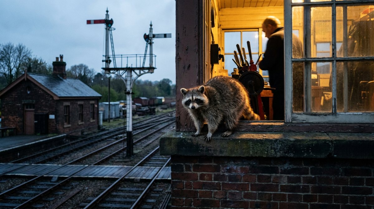 Waschbär auf dem Fenstersims eines alten Stellwerks in der Dämmerung – Späteinsteiger auf der Bühne