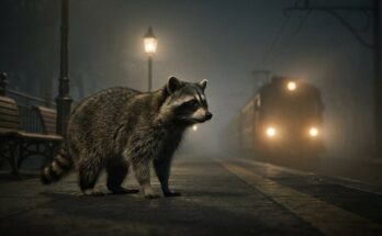 Spannung im Text: ein Waschbär steht nachts auf einem nebligen Bahnsteig, in der Ferne leuchten die Scheinwerfer eines Zuges