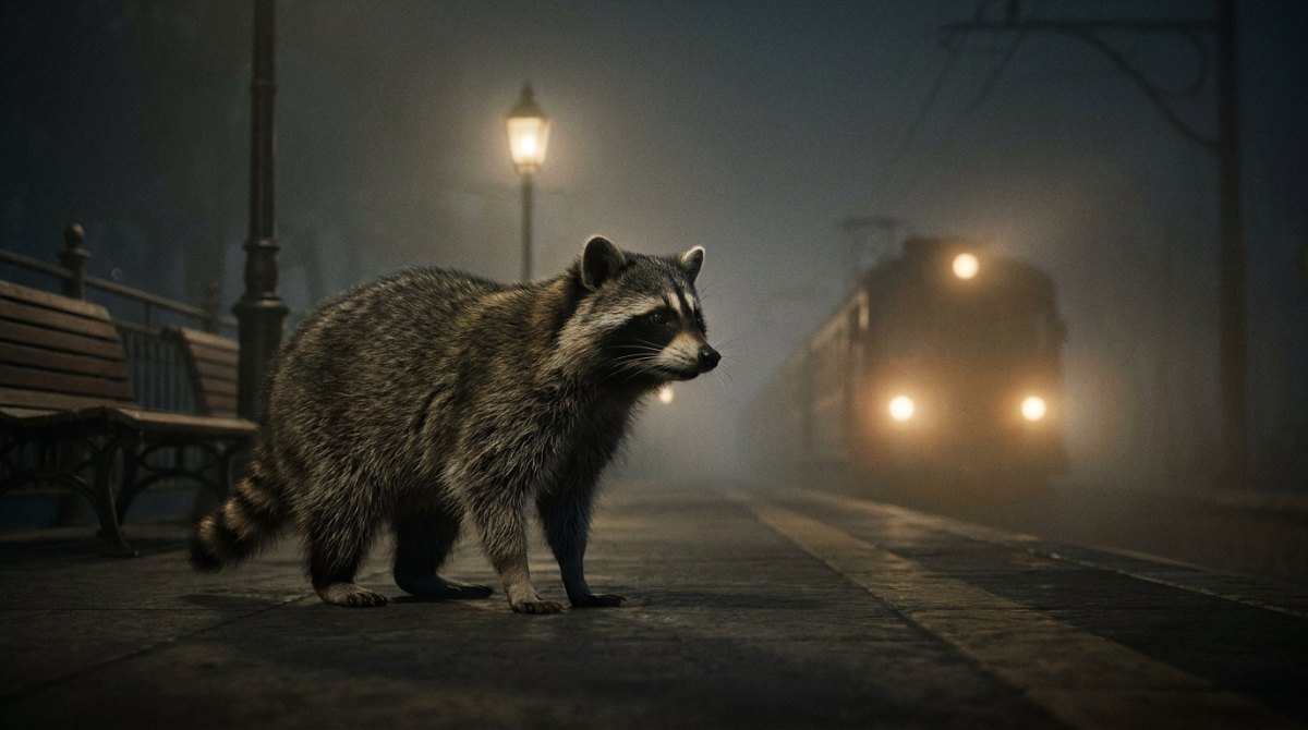 Spannung im Text: ein Waschbär steht nachts auf einem nebligen Bahnsteig, in der Ferne leuchten die Scheinwerfer eines Zuges