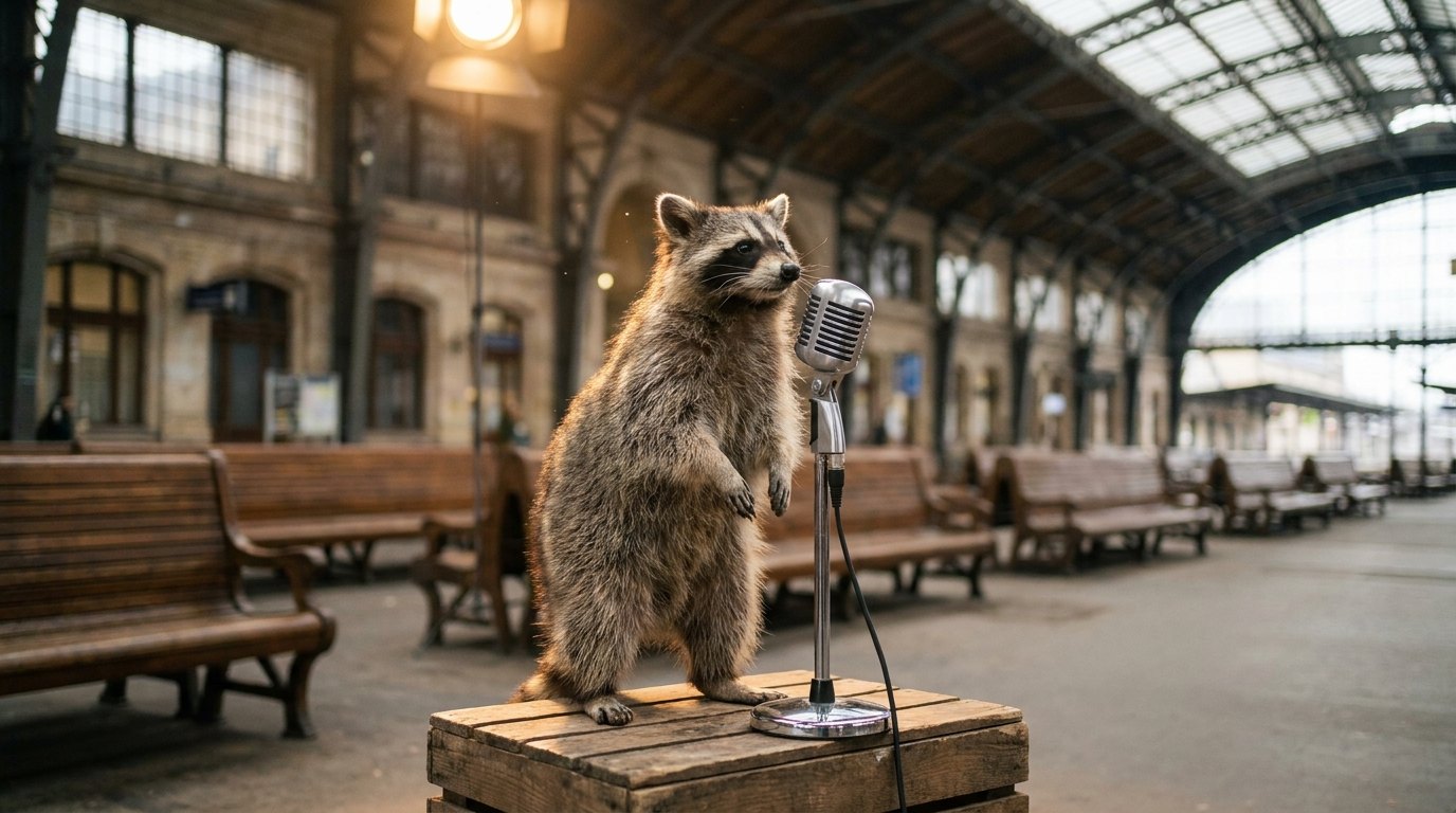 Waschbär am Bühnenmikrofon in einer Bahnhofshalle als Sinnbild für Spoken Word