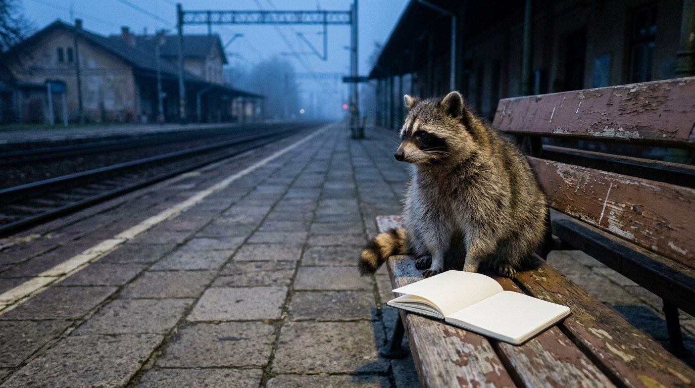 Waschbär auf einer Bahnsteigbank neben einem offenen Notizbuch im Abendlicht
