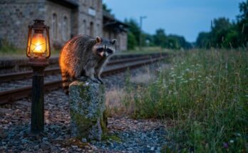 Waschbär auf einem Grenzstein am Bahnsteig in der Dämmerung – Spoken Word und Poetry Slam: der Unterschied