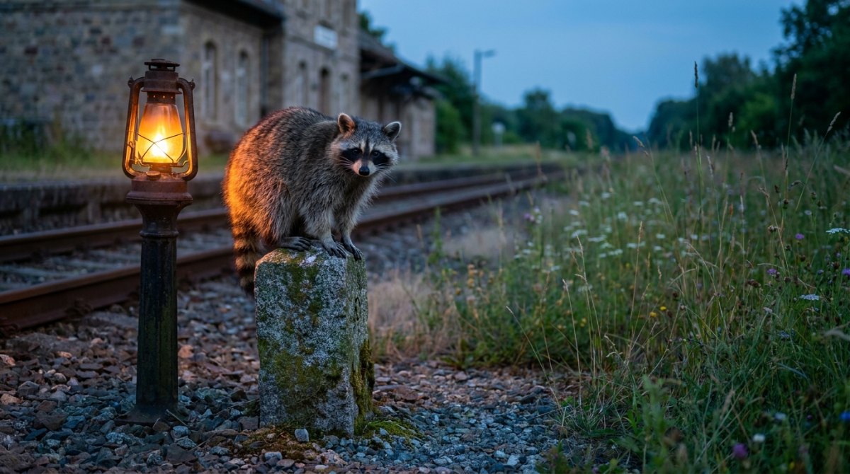 Waschbär auf einem Grenzstein am Bahnsteig in der Dämmerung – Spoken Word und Poetry Slam: der Unterschied