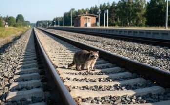 Waschbär steht zwischen den beiden Schienen eines geraden Normalspurgleises – die Spurweite für Texte